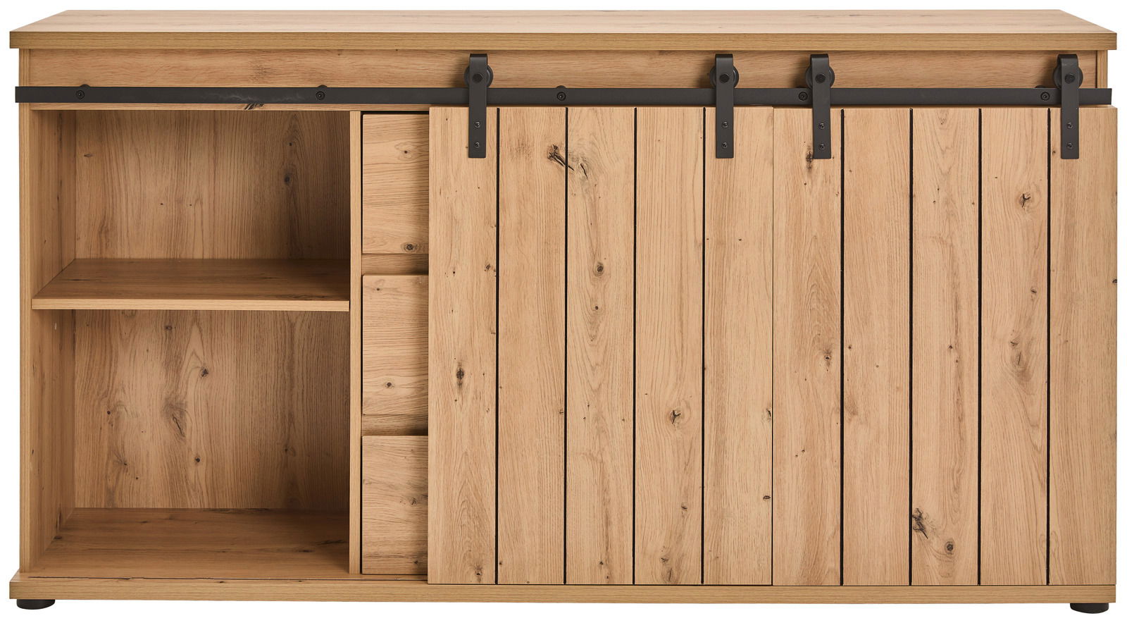 Frontansicht eines Sideboards aus Holz mit Schiebetür und offenem Regal.
