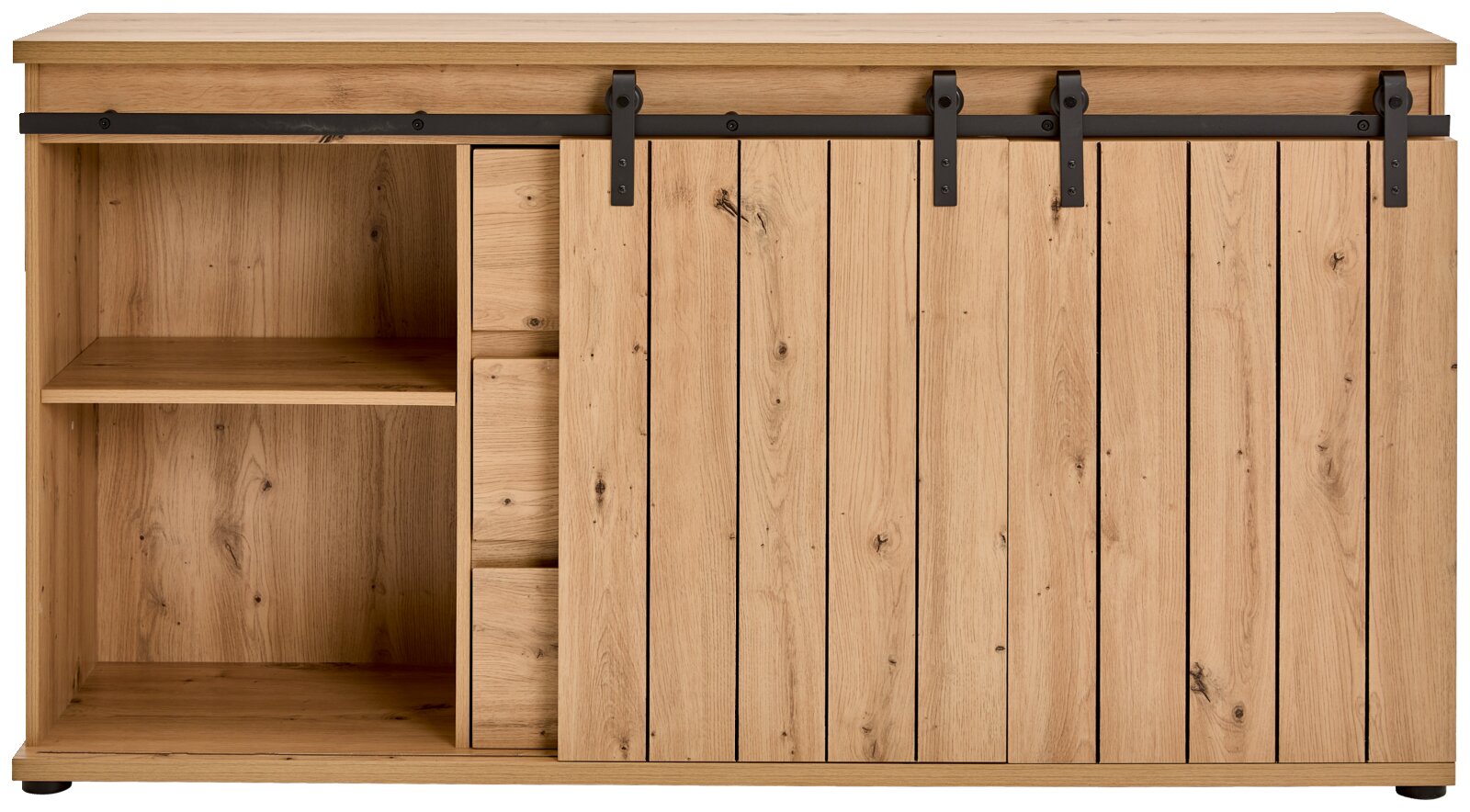 Vooraanzicht van een houten dressoir met schuifdeur en open plank.