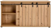 Vooraanzicht van een houten dressoir met schuifdeur en open plank.