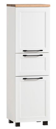 Weißer Midischrank mit Holzplatte und schwarzen Griffen, frontal betrachtet