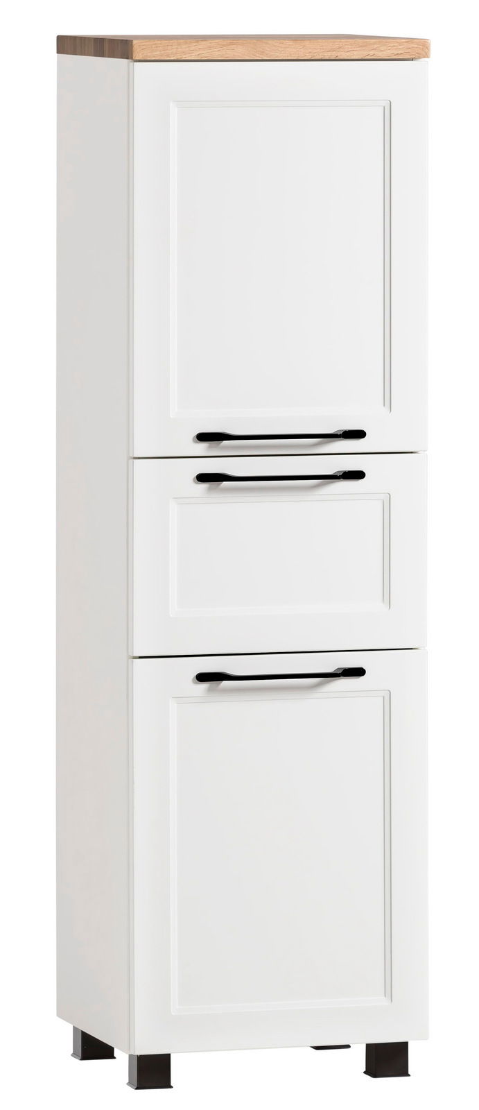 Weißer Midischrank mit Holzplatte und schwarzen Griffen, frontal betrachtet