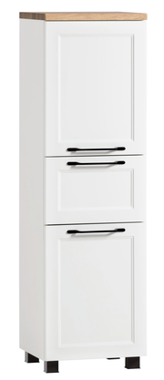 Weißer Midischrank mit Holzplatte und schwarzen Griffen, frontal betrachtet
