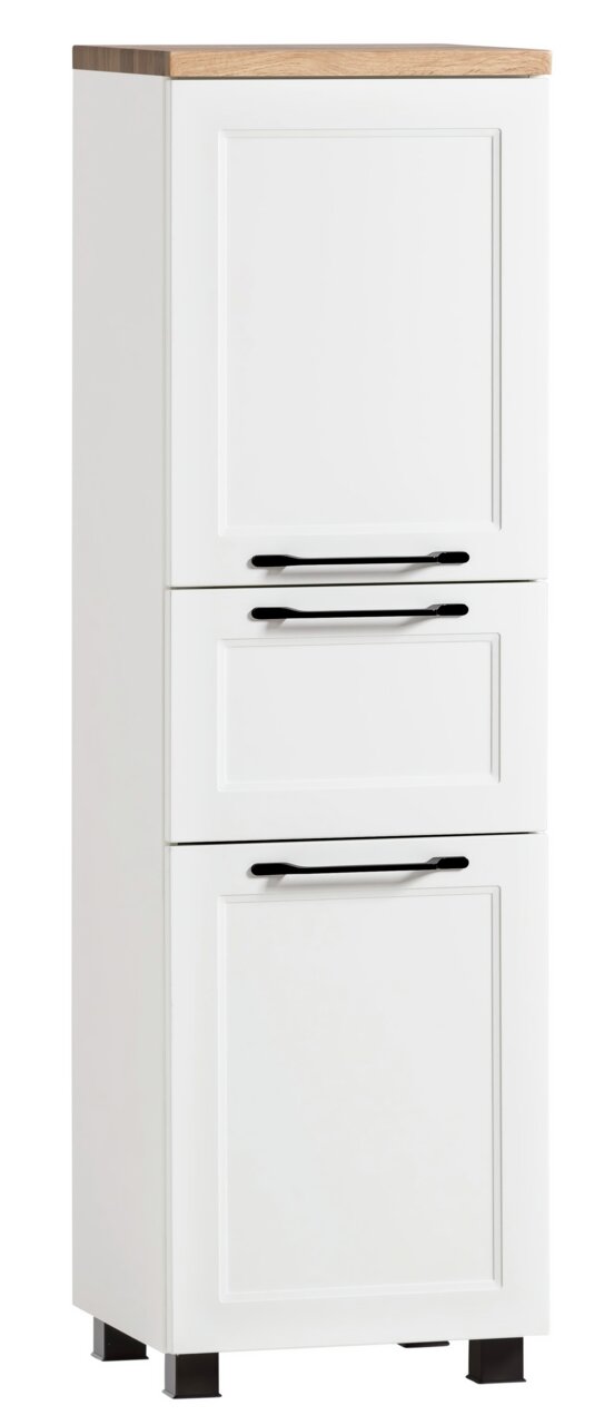 XORA Midischrank MERAN Weißer Midischrank mit Holzplatte und schwarzen Griffen, frontal betrachtet