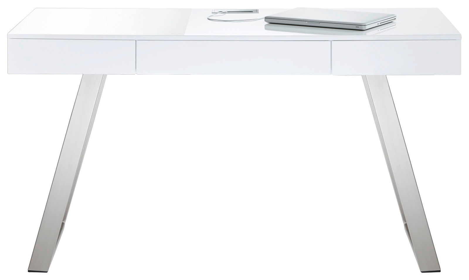 Moderner weißer Schreibtisch mit schrägen Metallbeinen, Ansicht von vorne