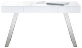 Moderner weißer Schreibtisch mit schrägen Metallbeinen, Ansicht von vorne