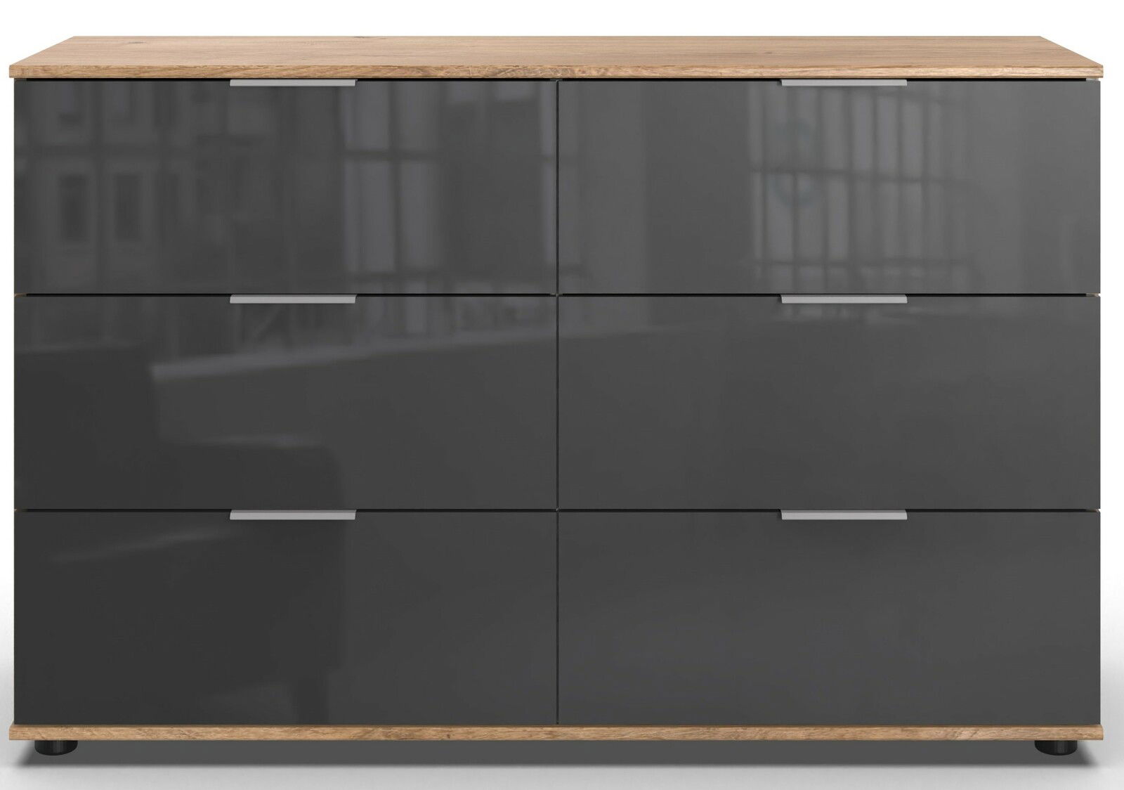 Frontale Ansicht der Kommode SAIGON 2 mit sechs Schubladen, grauen Hochglanzfronten und einer Holzoberfläche.