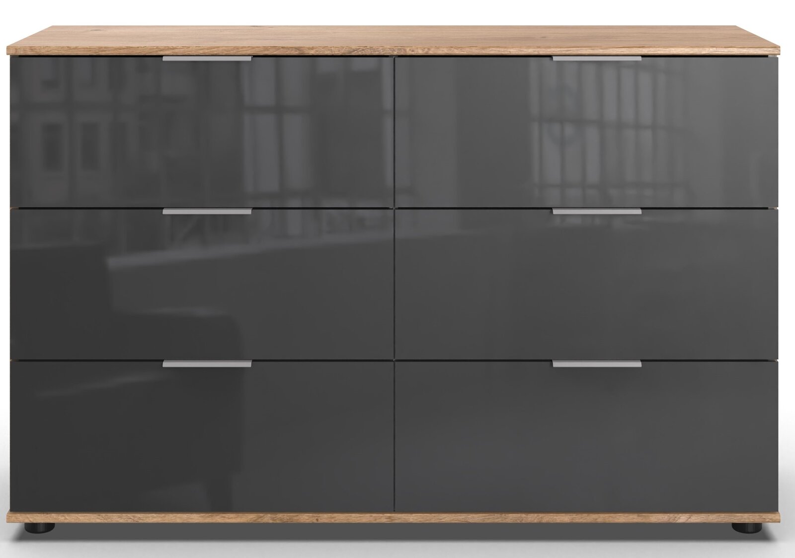 Z2 Kommode SAIGON Frontale Ansicht der Kommode SAIGON 2 mit sechs Schubladen, grauen Hochglanzfronten und einer Holzoberfläche.