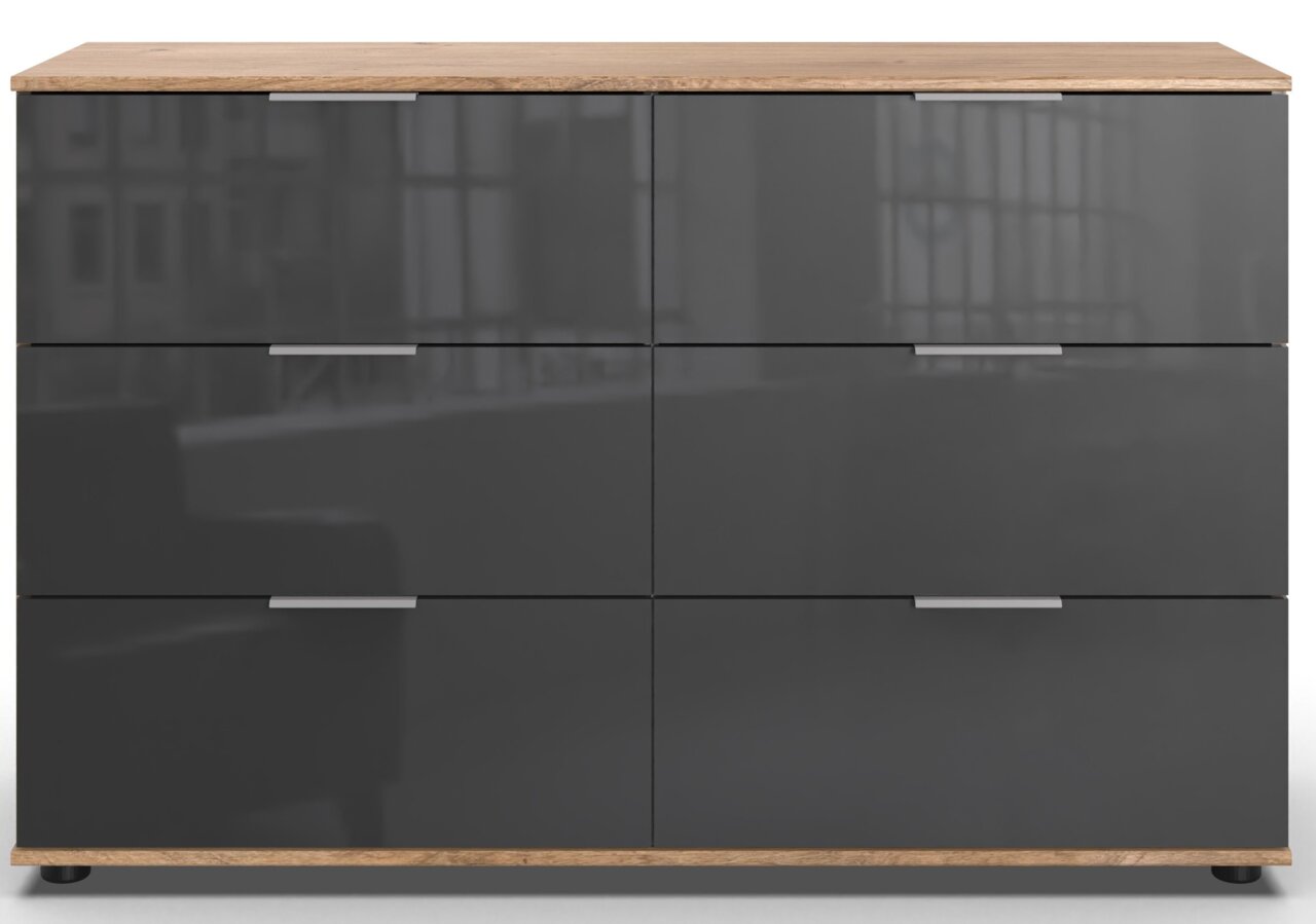 Frontale Ansicht der Kommode SAIGON 2 mit sechs Schubladen, grauen Hochglanzfronten und einer Holzoberfläche.