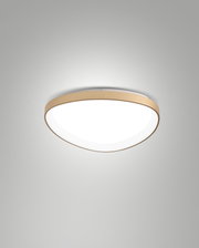 Runde LED-Deckenleuchte mit goldfarbenem Rand, seitliche Perspektive