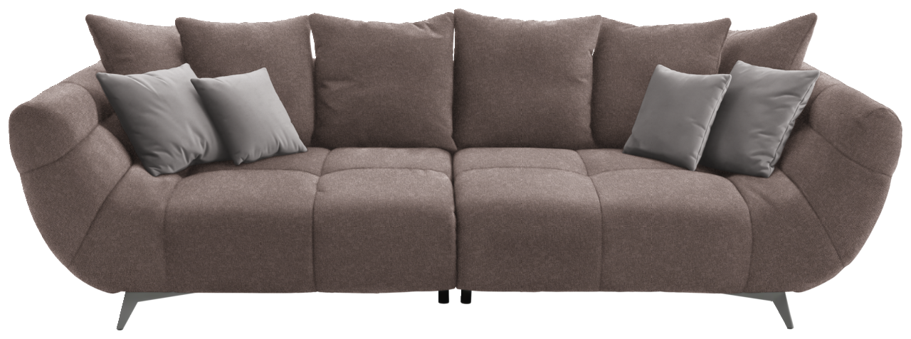 Großes, modernes Sofa in braunem Stoff mit mehreren Kissen, frontal betrachtet.