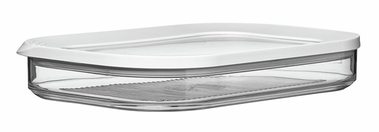 Transparente Kühlschrankdose mit weißem Deckel, seitliche Perspektive