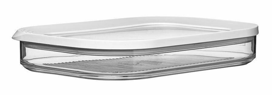 Transparente Kühlschrankdose mit weißem Deckel, seitliche Perspektive