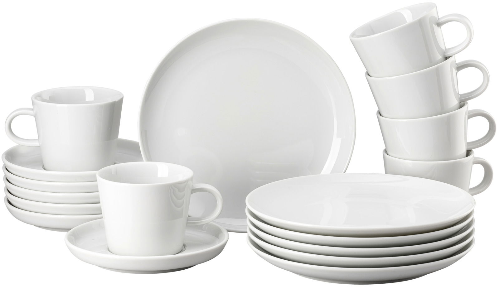 Thomas Kaffeeservice 18-tlg. CUCINA Weißes Kaffee-Set mit Tassen, Untertassen und Tellern, seitliche Perspektive