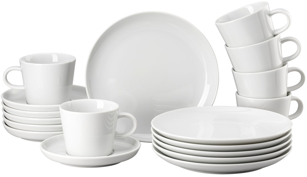 Witte koffieset met kopjes, schoteltjes en borden, zijaanzicht