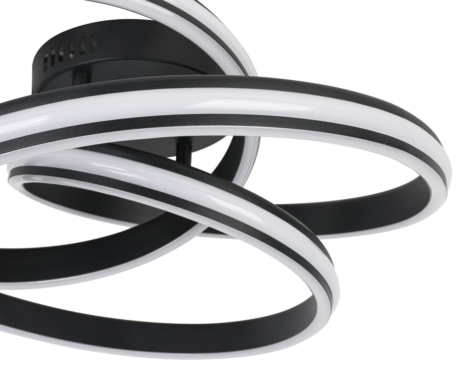 Moderne LED-Deckenleuchte mit geschwungenem Design, seitliche Perspektive