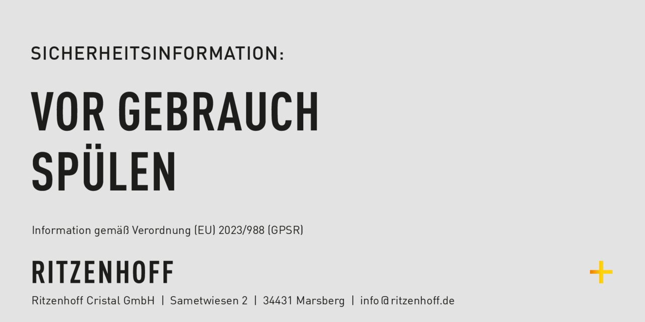 Sicherheitsinformation von Ritzenhoff: Vor Gebrauch spülen. Ansicht von vorne.