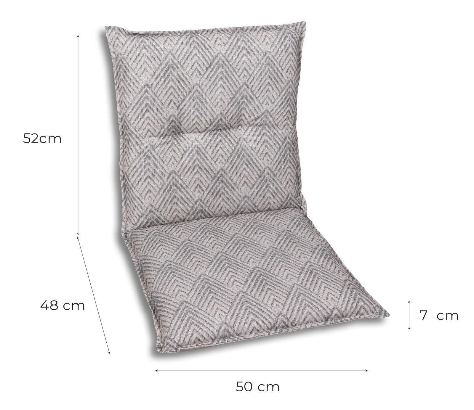 Gepolstertes Sitz- und Rückenkissen in Grau mit geometrischem Rautenmuster, Vorderansicht leicht schräg von oben, Maße ca. 52 cm Rückenlehne, 48 cm Sitzfläche, 50 cm Breite und 7 cm Dicke.