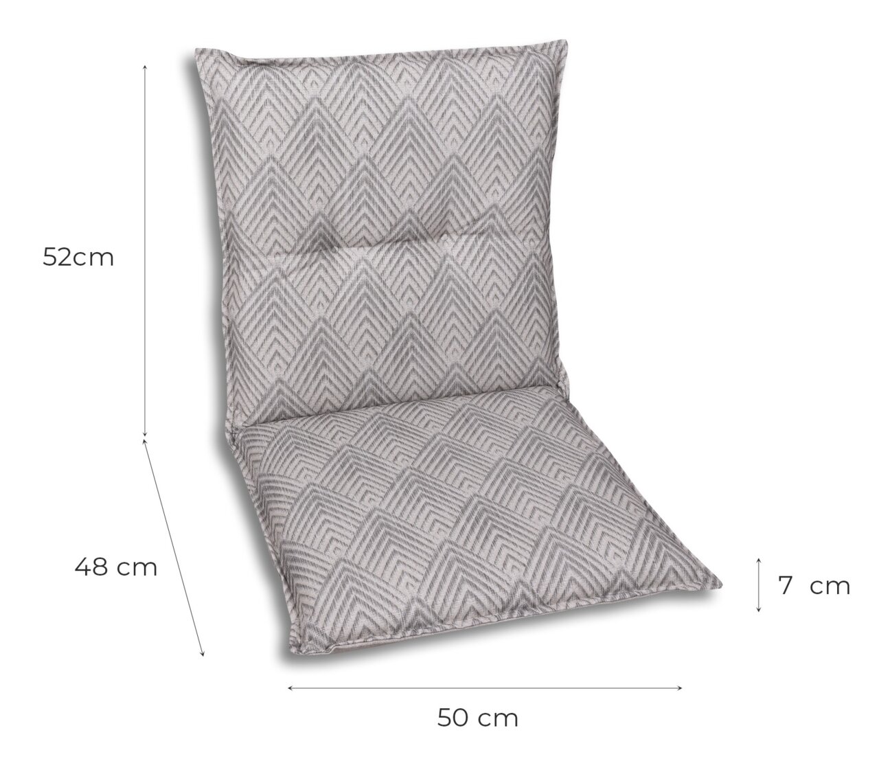 Gewatteerd zit- en rugkussen in grijs met een geometrisch ruitpatroon, vooraanzicht licht schuin van bovenaf, afmetingen ca. 52 cm rugleuning, 48 cm zitting, 50 cm breedte en 7 cm dikte.