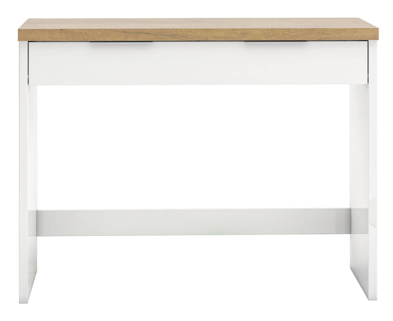 Moderner Konsolentisch mit weißem Gestell und Holzplatte, Frontalansicht