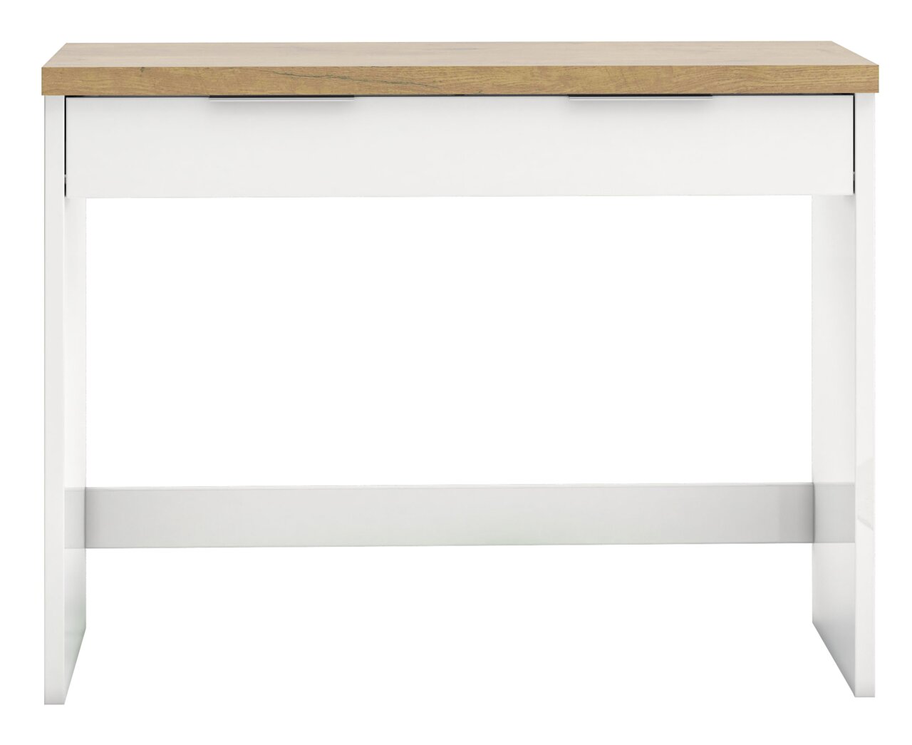 Moderne consoletafel met wit onderstel en houten blad, vooraanzicht