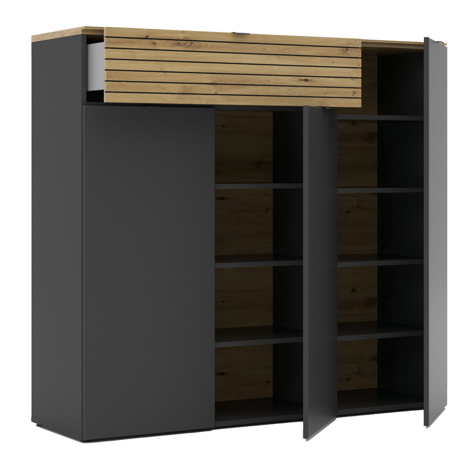 Moderner XXL-Schuhschrank in Schwarz mit Holzelementen, teilweise geöffnete Türen, frontale Perspektive