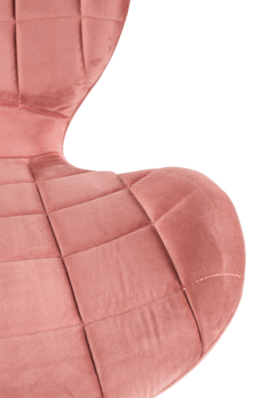 Nahaufnahme eines rosafarbenen, gepolsterten Stuhlsitzes mit quadratischem Muster, von oben betrachtet.