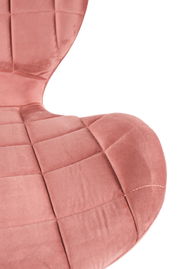 Nahaufnahme eines rosafarbenen, gepolsterten Stuhlsitzes mit quadratischem Muster, von oben betrachtet.