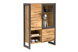 Hochwertiges Highboard aus Holz mit Glastür und Schubladen, seitliche Perspektive