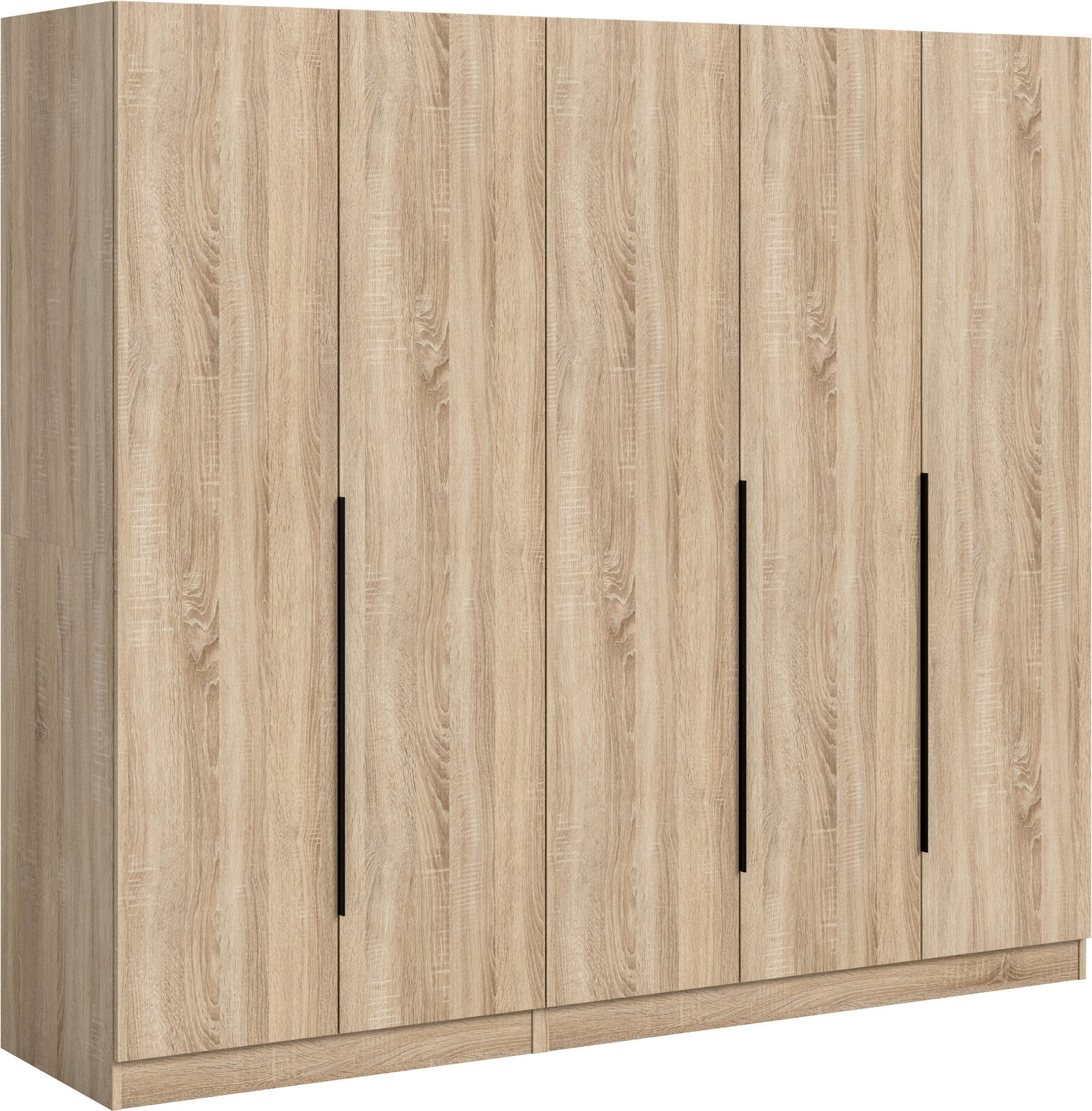 Großer Kleiderschrank in heller Eichenholz-Optik mit vier Türen und langen schwarzen Griffleisten, freistehend, Ansicht schräg von vorn
