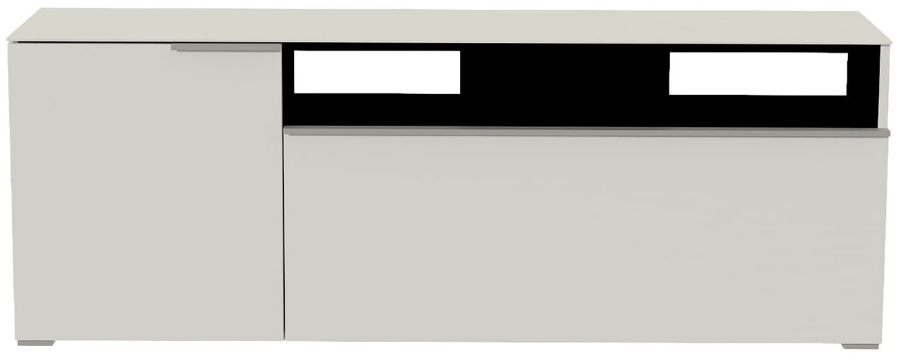 Moderano TV-Lowboard BORMIO Frontansicht eines modernen, weißen TV-Lowboards mit zwei Türen und offenen Fächern.