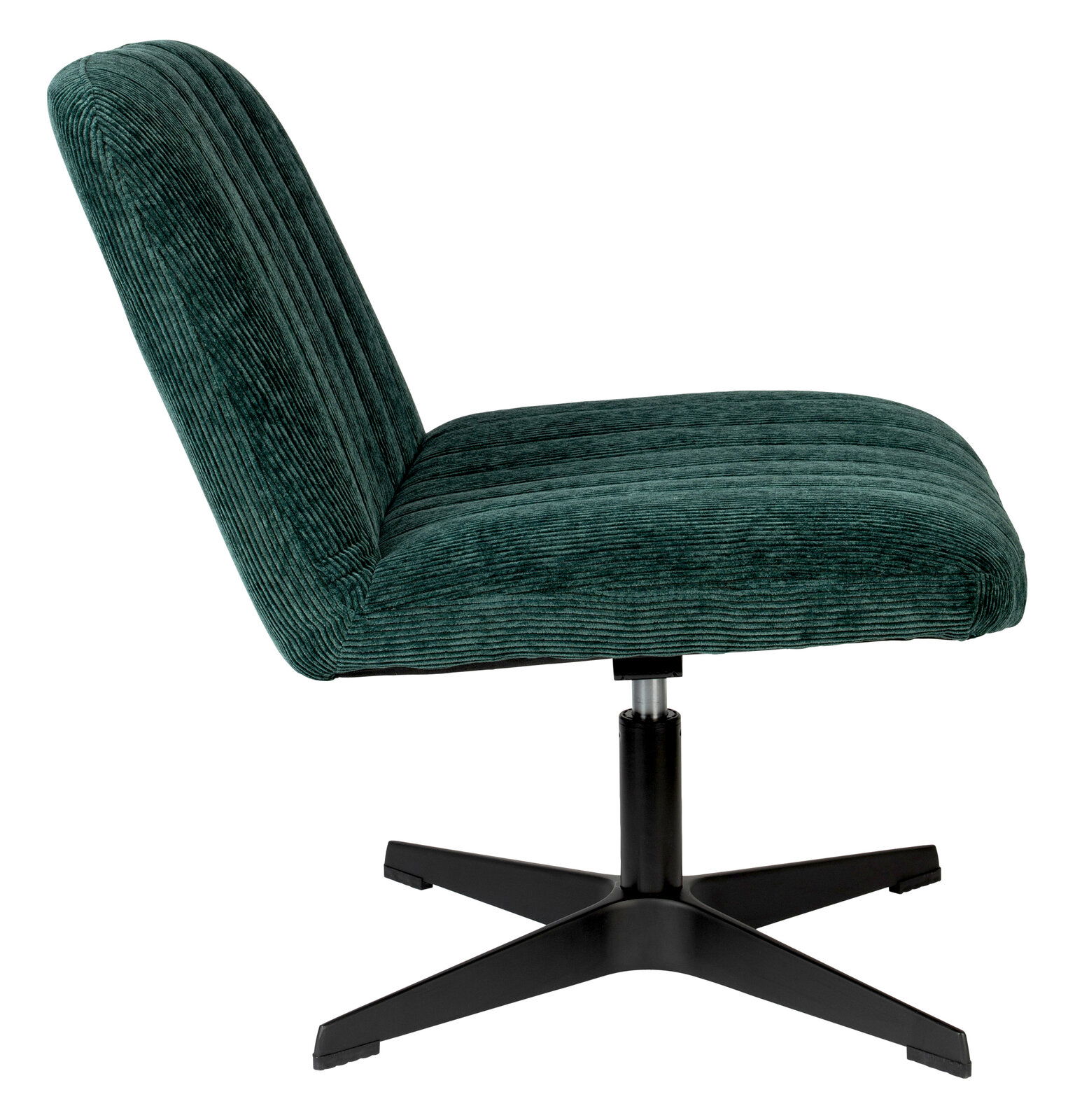 Grüner Sessel BELMONDO mit geripptem Stoffbezug, seitliche Ansicht, auf schwarzem Drehfuß.