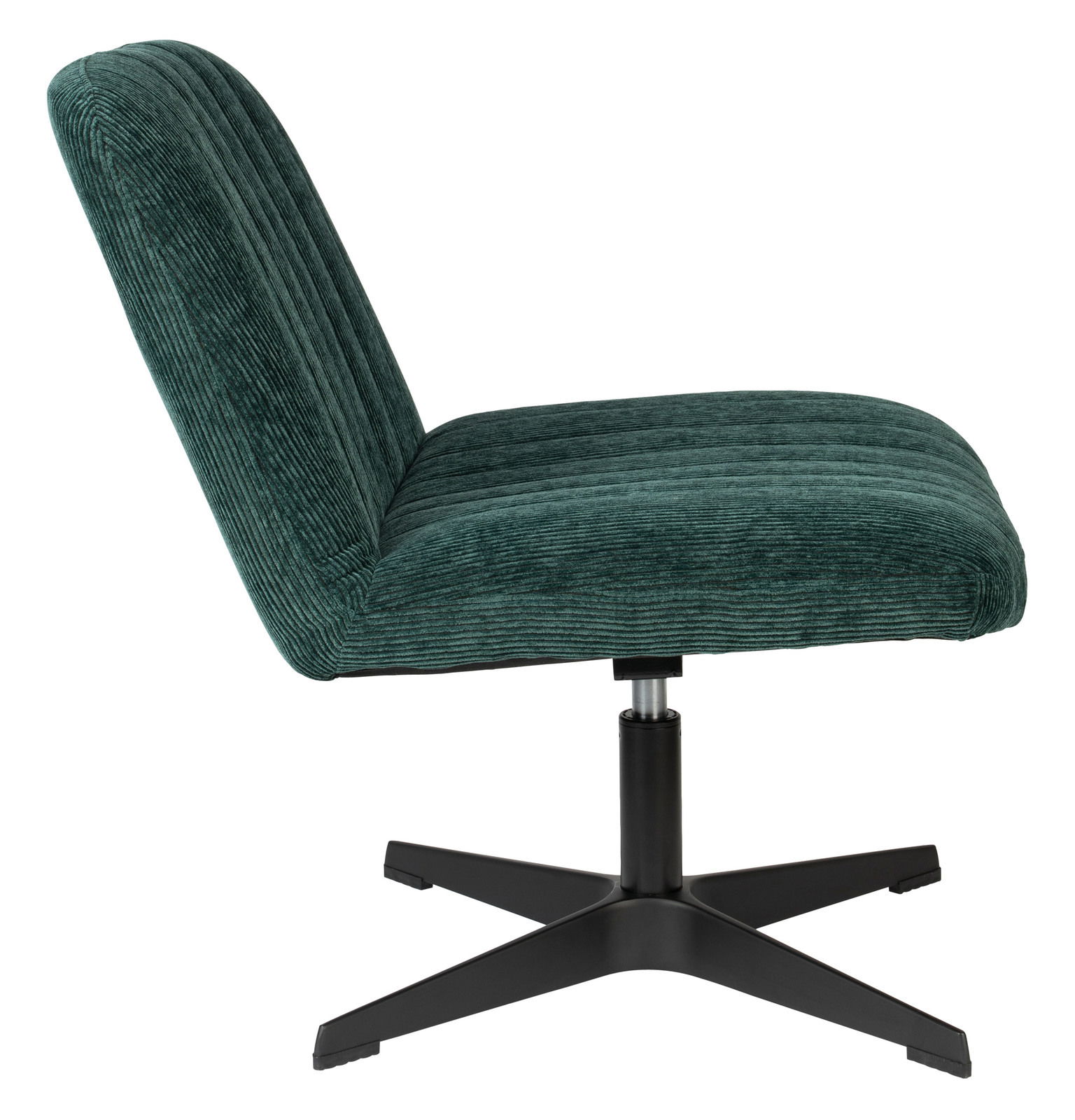 Grüner Sessel BELMONDO mit geripptem Stoffbezug, seitliche Ansicht, auf schwarzem Drehfuß.