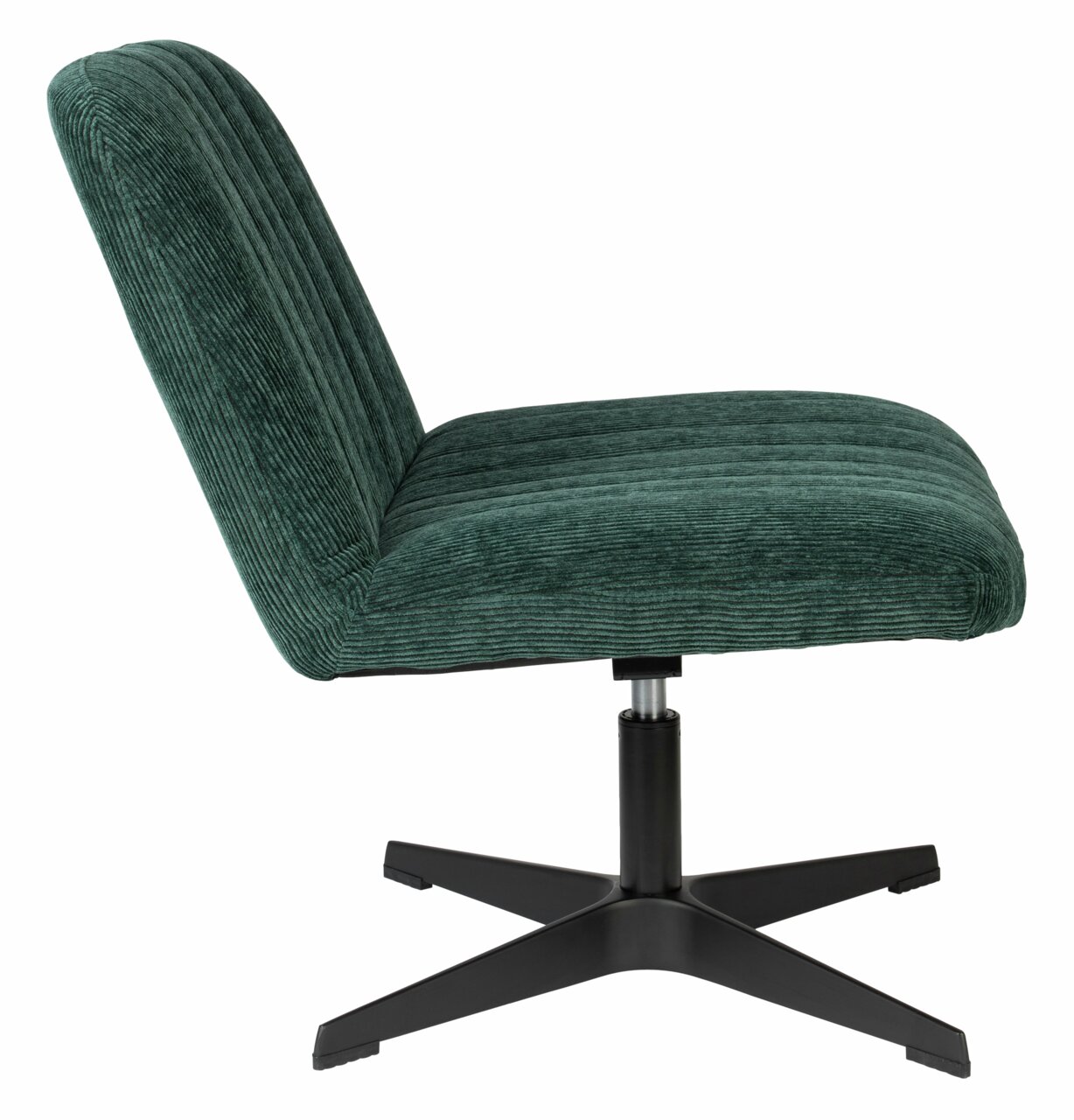 Groene fauteuil BELMONDO met geribbelde stoffen bekleding, zijaanzicht, op een zwart draaivoet.