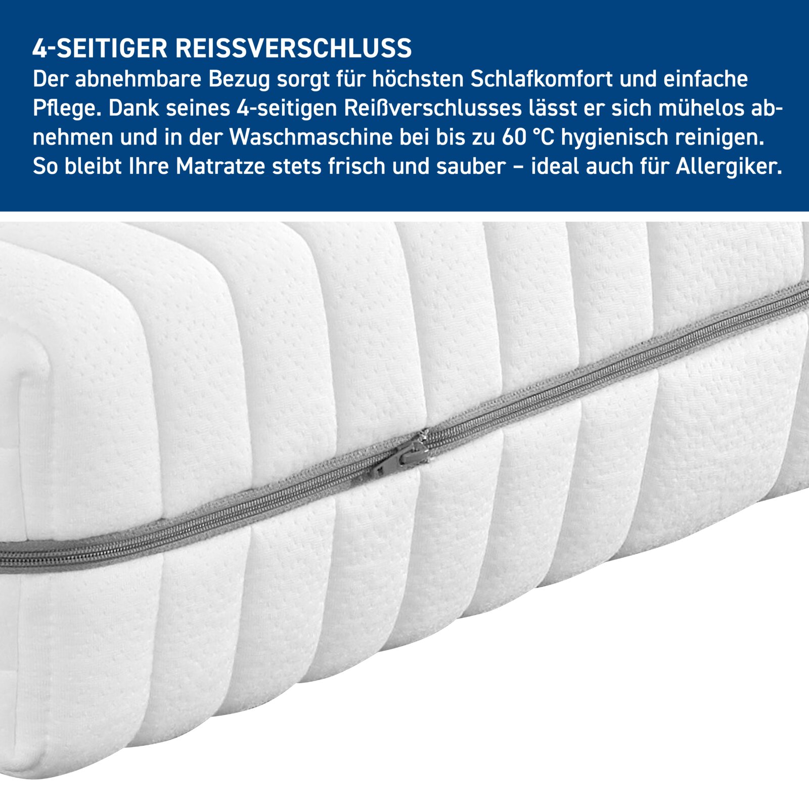 Nahaufnahme einer Matratze mit 4-seitigem Reißverschluss, der den abnehmbaren Bezug zeigt. Die Perspektive ist seitlich.