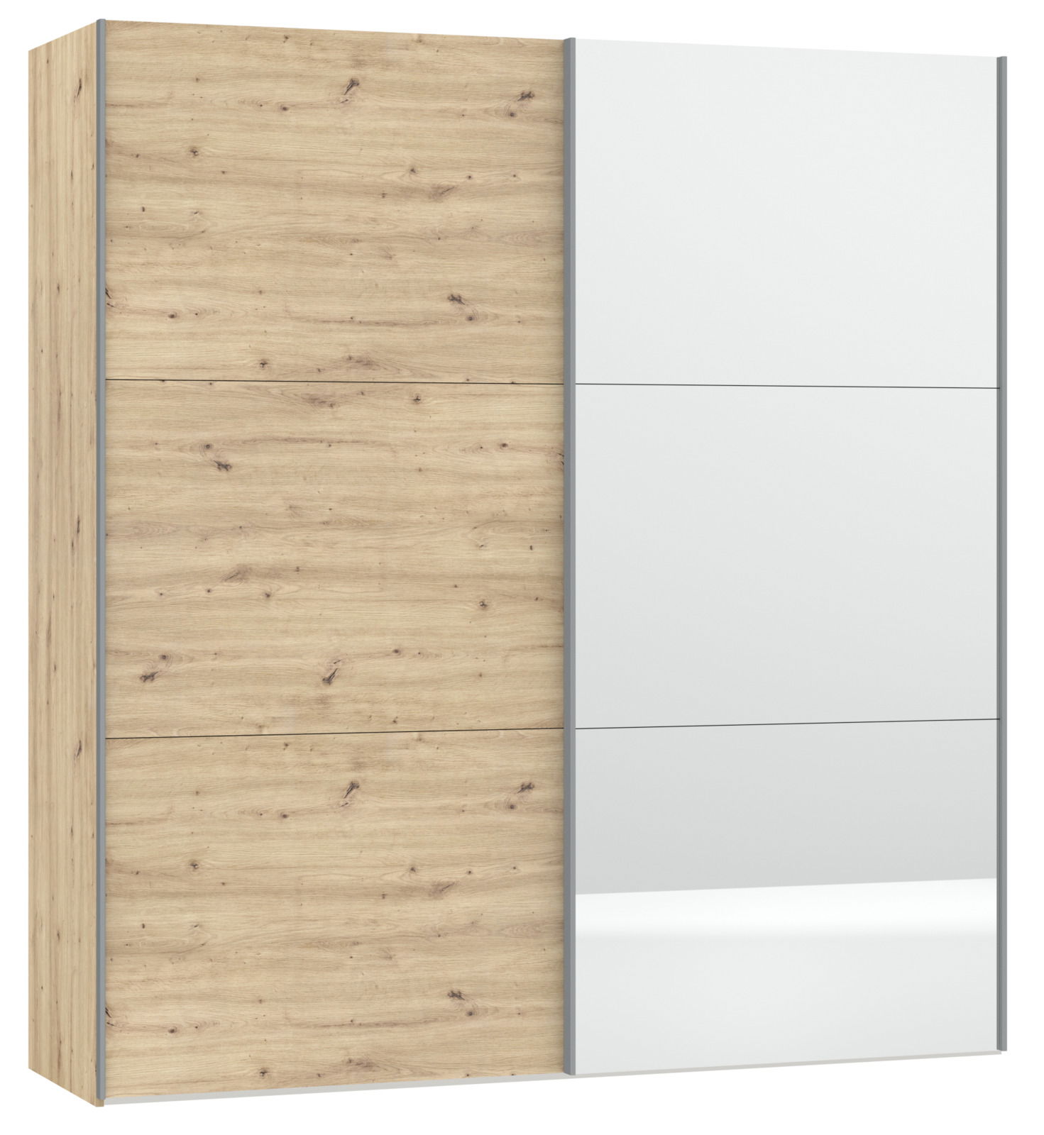 Schwebetürenschrank mit zwei Türen, eine in Holzoptik und eine mit Spiegel, seitliche Perspektive
