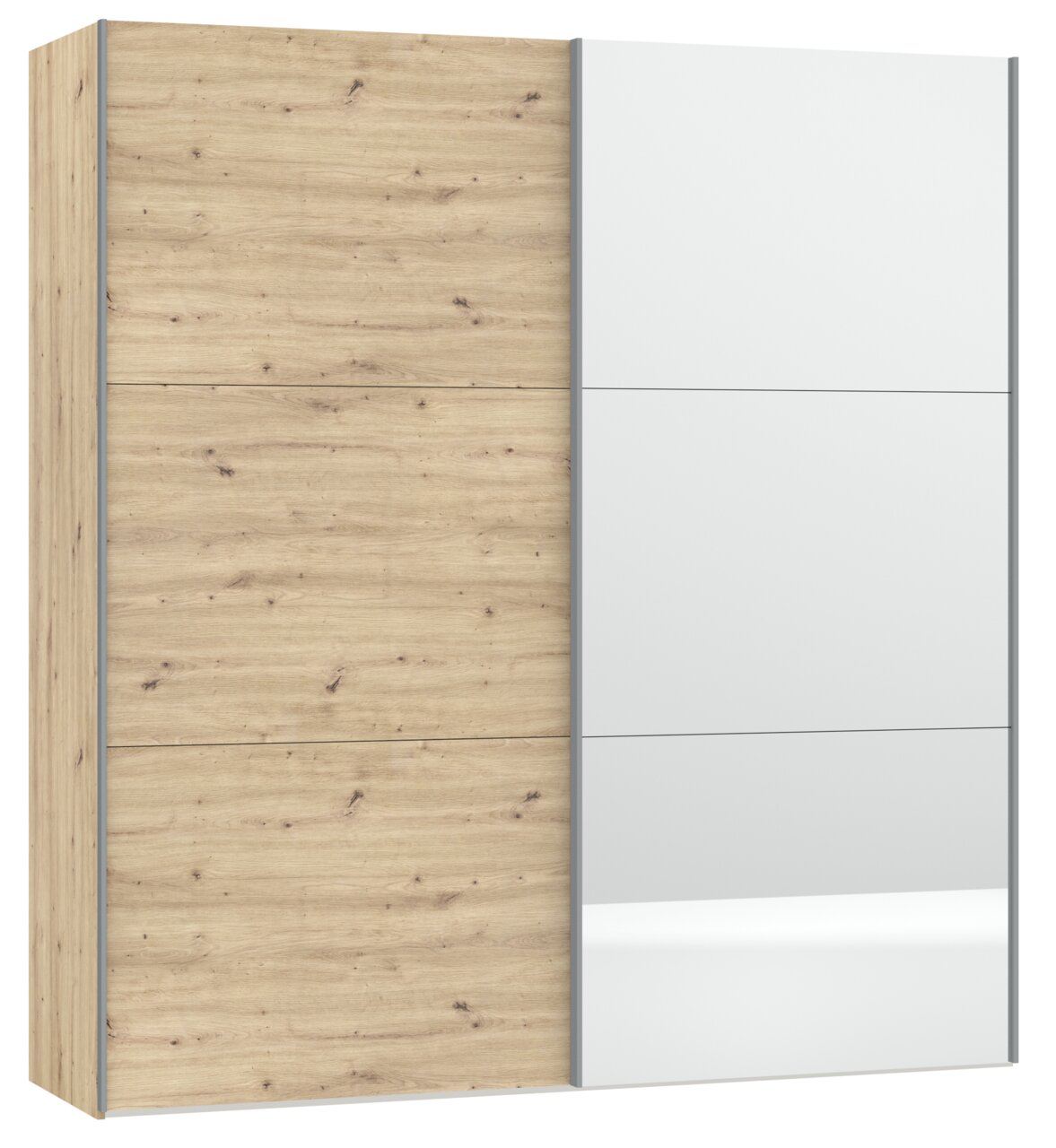 Kast met zweefdeuren, twee deuren, één in houtlook en één met spiegel, zijaanzicht