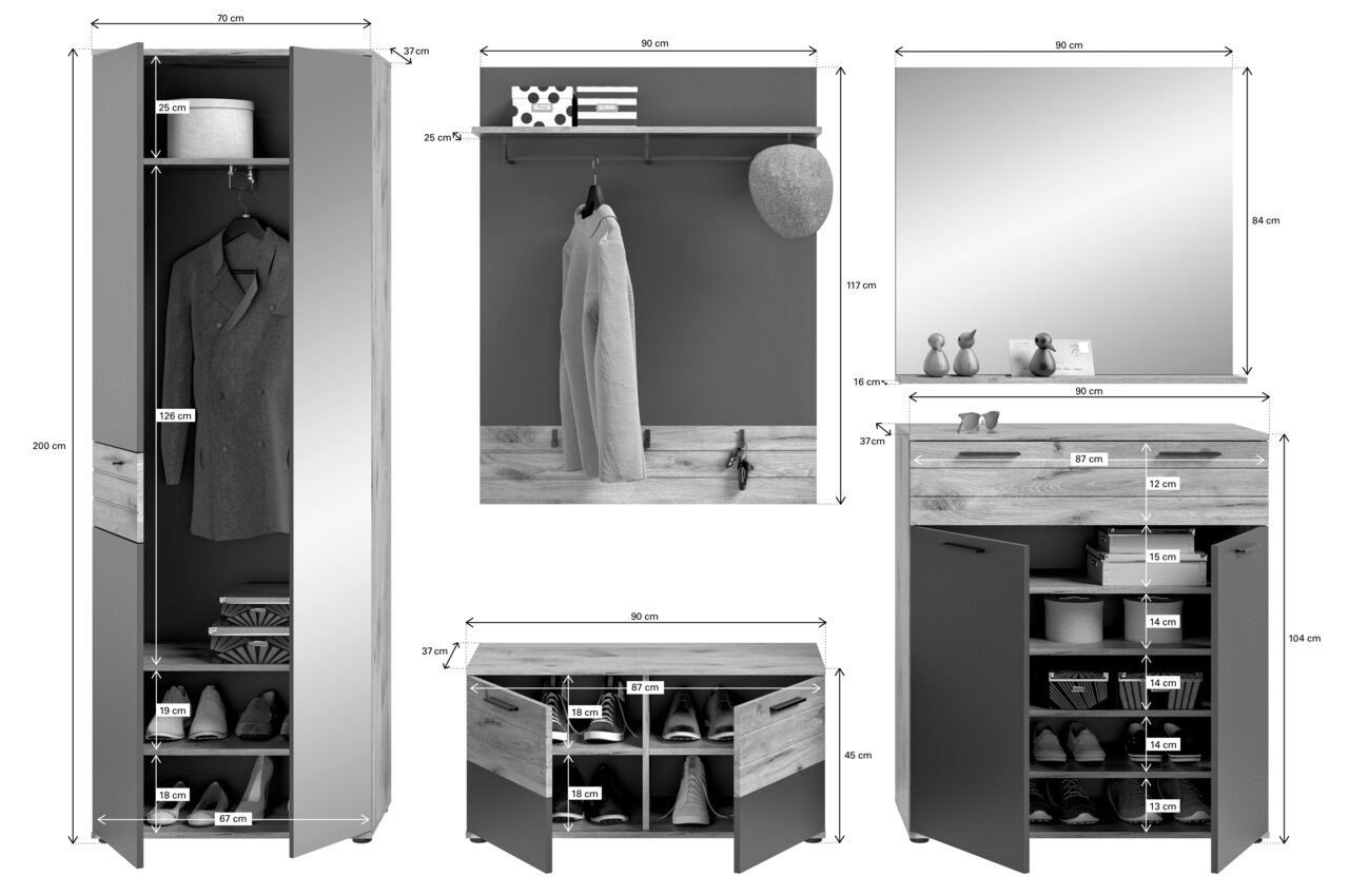 Garderobenkombination bestehend aus einem hohen Schrank mit Spiegel, einer Wandgarderobe mit Hutablage und Haken, einem großen Spiegel und einem Schuhschrank mit mehreren Fächern. Perspektive: Frontalansicht.