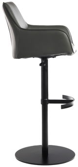 Seitenansicht eines modernen Barhockers mit schwarzem Gestell und gepolstertem Sitz in dunklem Leder.