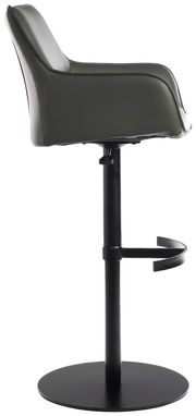Seitenansicht eines modernen Barhockers mit schwarzem Gestell und gepolstertem Sitz in dunklem Leder.