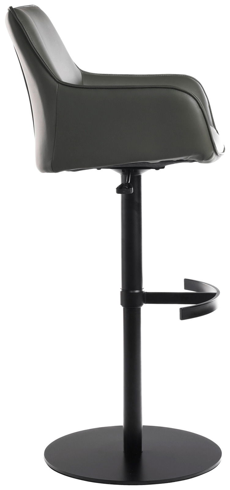 Seitenansicht eines modernen Barhockers mit schwarzem Gestell und gepolstertem Sitz in dunklem Leder.