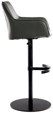 Seitenansicht eines modernen Barhockers mit schwarzem Gestell und gepolstertem Sitz in dunklem Leder.