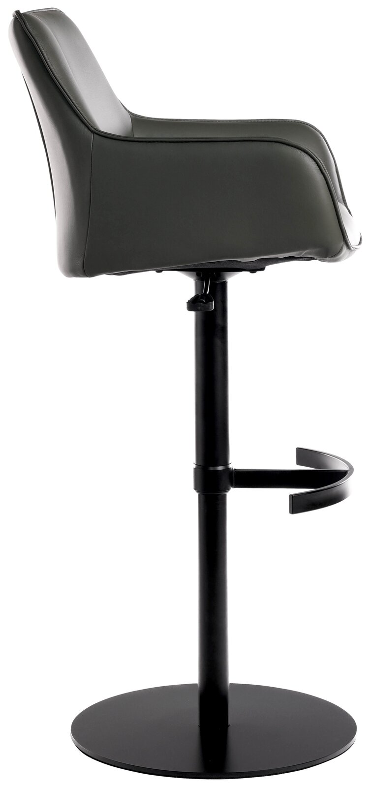 Seitenansicht eines modernen Barhockers mit schwarzem Gestell und gepolstertem Sitz in dunklem Leder.