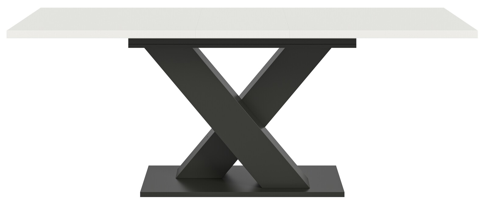 Moderner Esstisch mit weißer Tischplatte und schwarzem X-förmigem Gestell, Frontalansicht.
