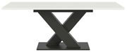 Moderner Esstisch mit weißer Tischplatte und schwarzem X-förmigem Gestell, Frontalansicht.