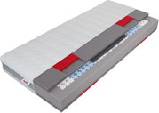 Aufgeschnittene Matratze mit weißem, gestepptem Bezug und sichtbar mehrschichtigem Kern aus grauem Schaum, roten Stützzonen und Taschenfederkern (blau/weiß), in schräger Draufsicht.