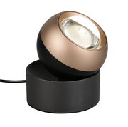 Moderne Tischleuchte ORBIT in Kugelform mit schwarzem Sockel und bronzefarbener Oberfläche, seitliche Perspektive