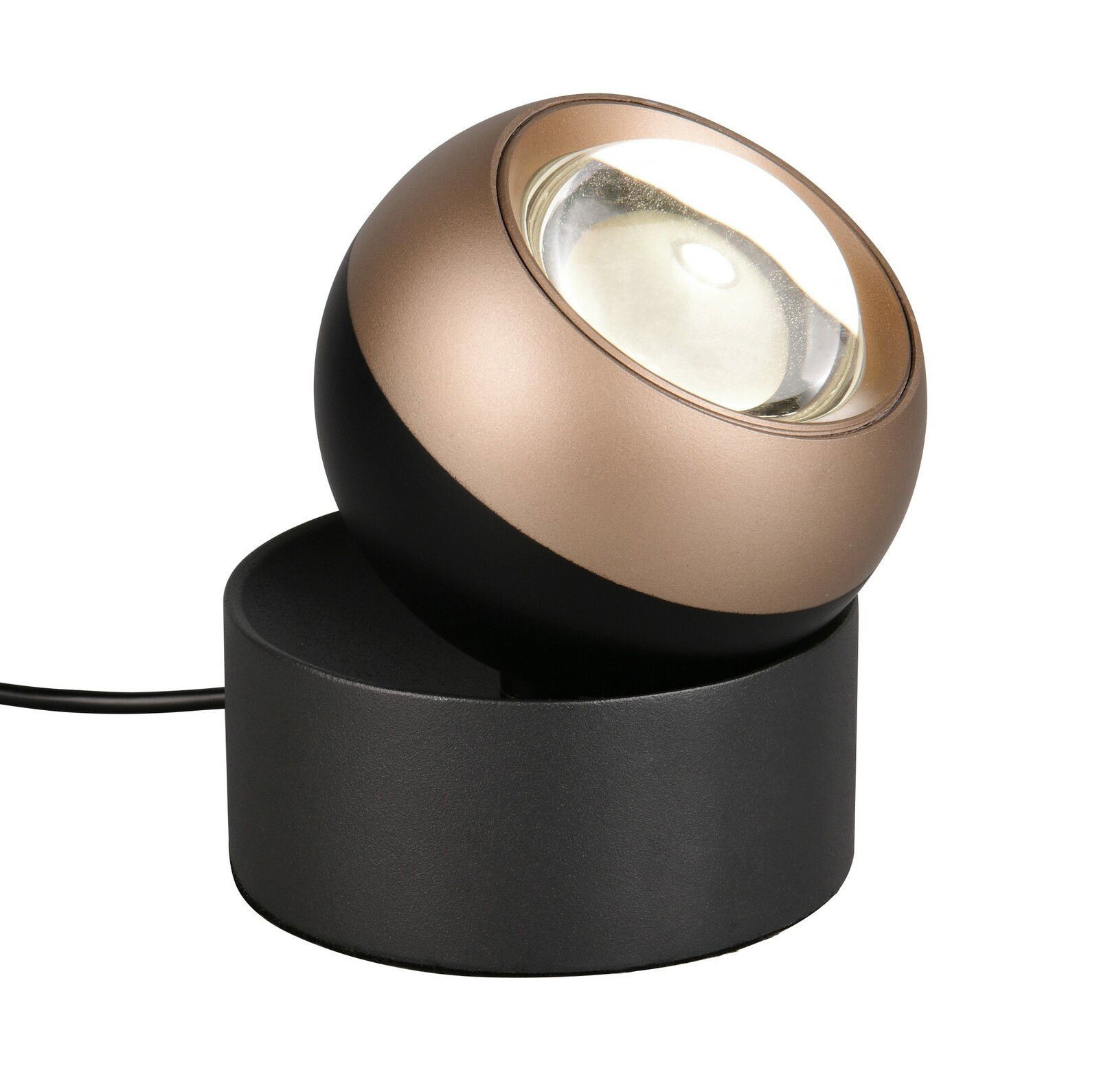 Moderne Tischleuchte ORBIT in Kugelform mit schwarzem Sockel und bronzefarbener Oberfläche, seitliche Perspektive