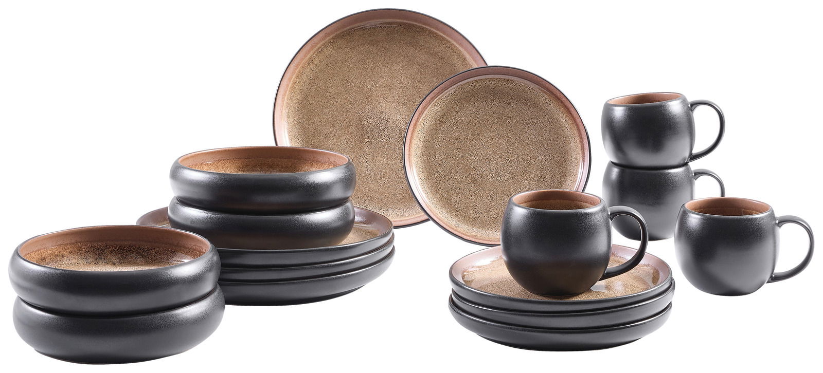 Kombiservice 16-tlg. in moderner, dunkler Keramikoptik, bestehend aus Tellern, Schalen und Tassen, seitliche Perspektive