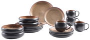 Kombiservice 16-tlg. in moderner, dunkler Keramikoptik, bestehend aus Tellern, Schalen und Tassen, seitliche Perspektive
