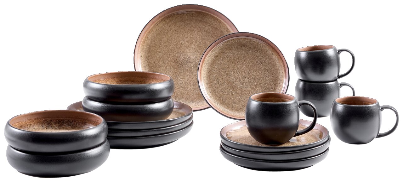 Novel Kombiservice Faro braun 16-tlg. Kombiservice 16-tlg. in moderner, dunkler Keramikoptik, bestehend aus Tellern, Schalen und Tassen, seitliche Perspektive